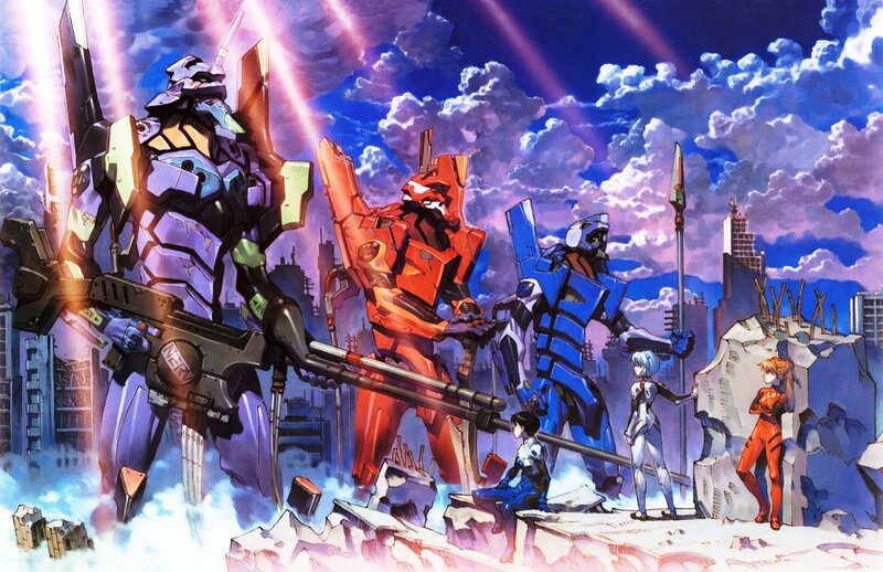 Evangelion mechs in a ruined city