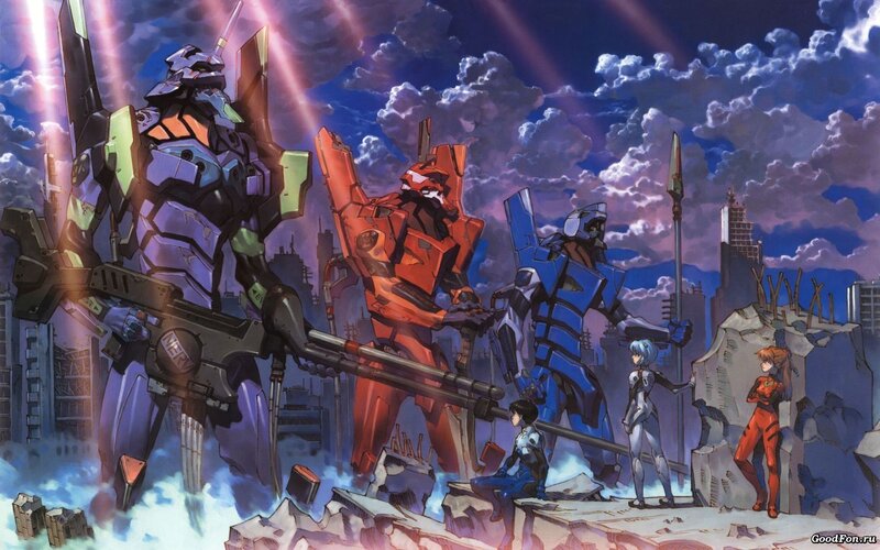 Evangelion mechs in a ruined city