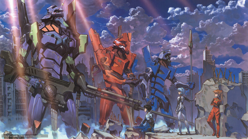 Evangelion mechs in a ruined city