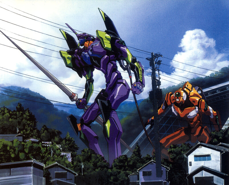 Evangelion mechs in a town