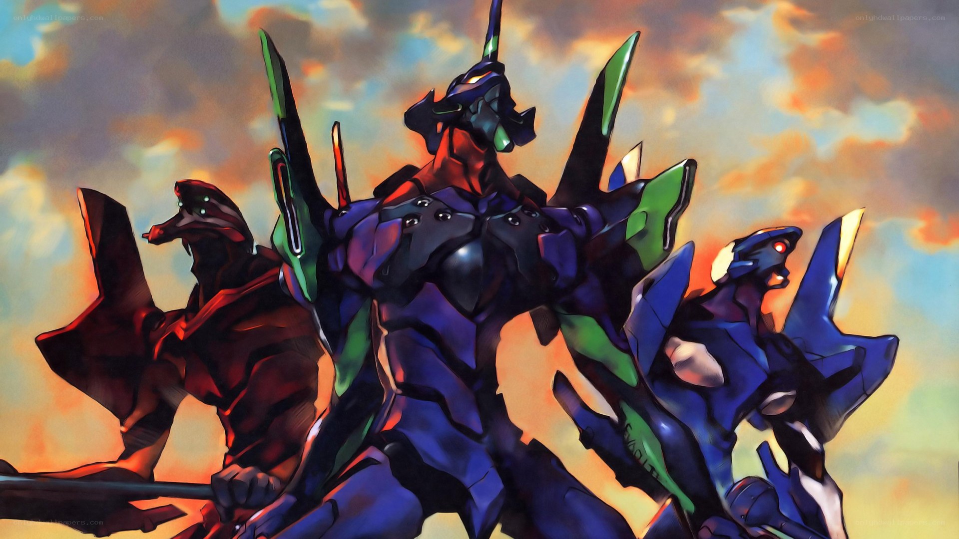 Evangelion mechs in battle