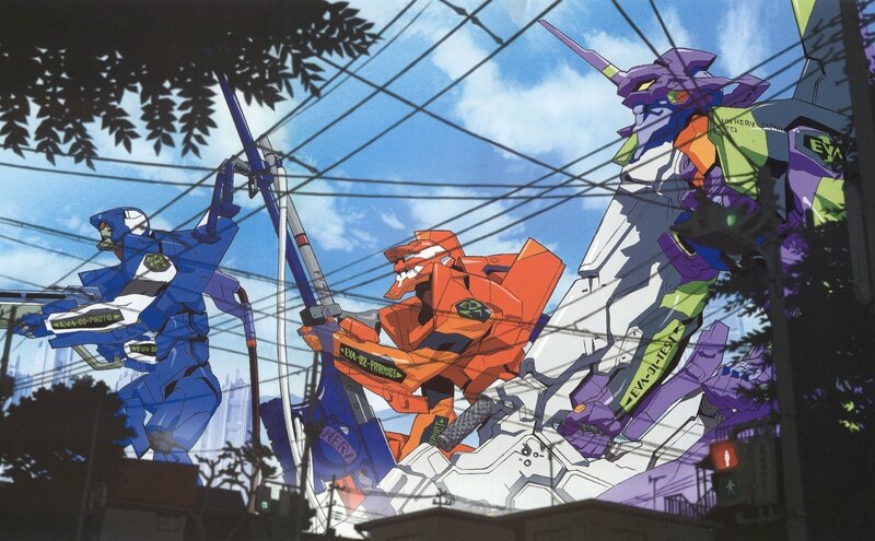 Evangelion mechs in city