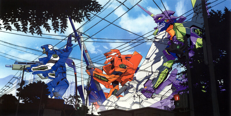 Evangelion mechs in city