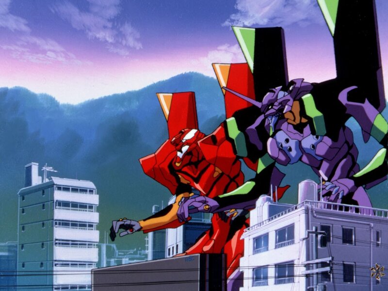Evangelion mechs in city battle
