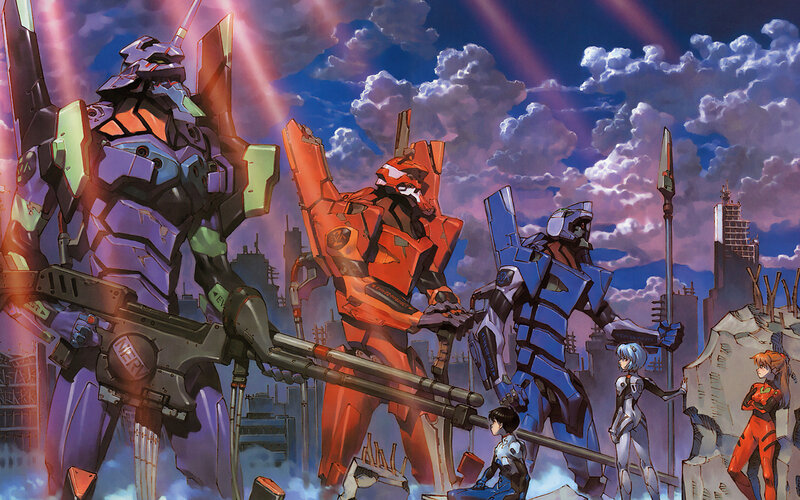 Evangelion mechs in city