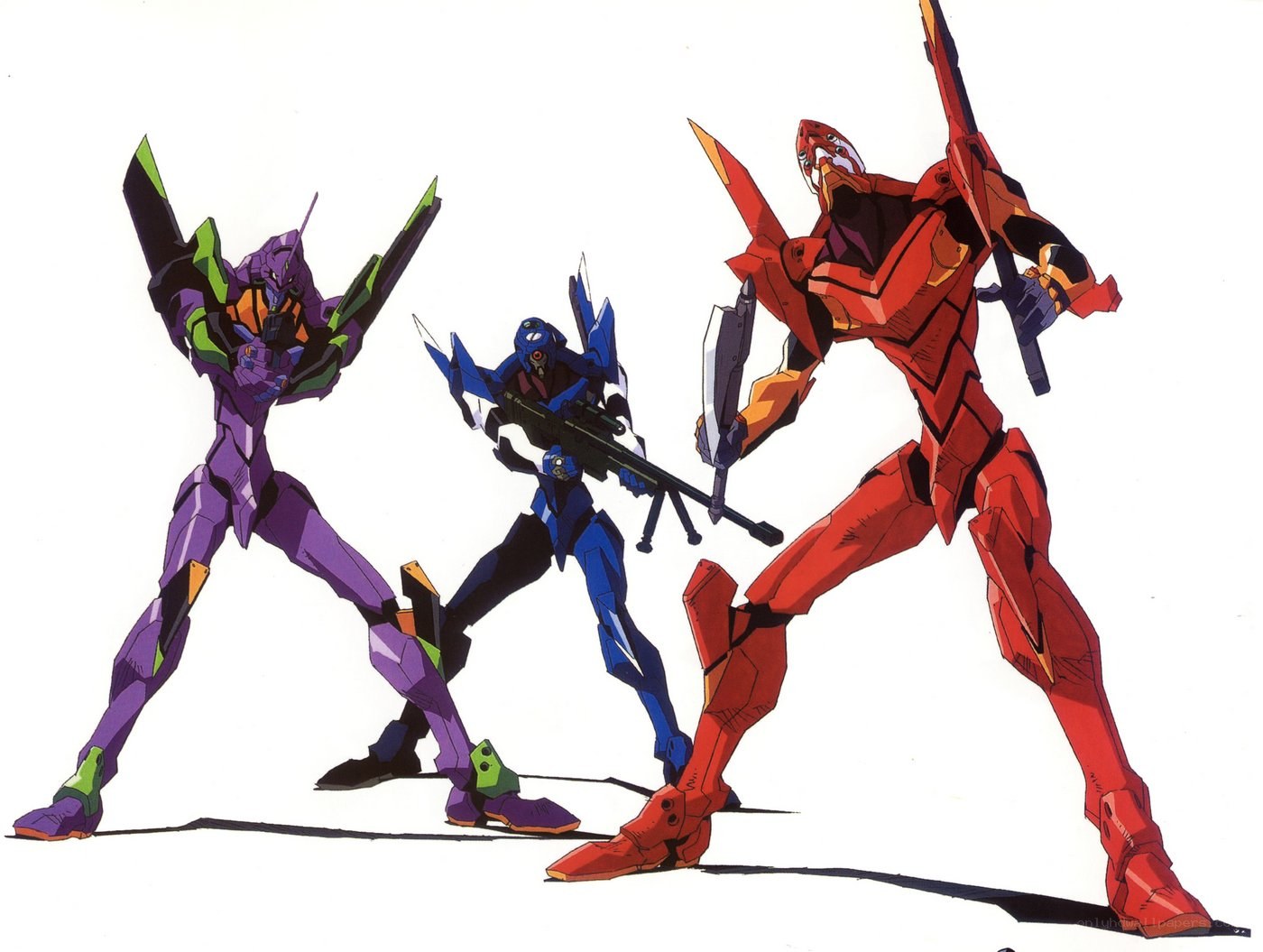 Evangelion mechs in combat stance