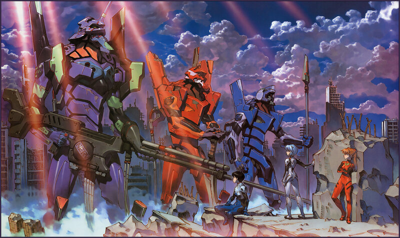 Evangelion mechs in ruined city