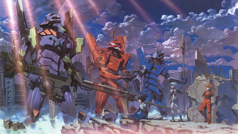 Evangelion mechs in ruined city