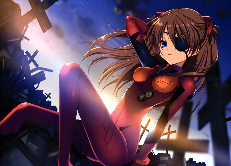 Evangelion pilot in ruined city
