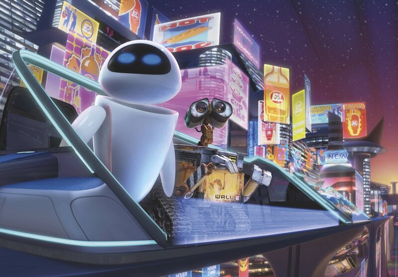 Eve and Wall-E in a futuristic city