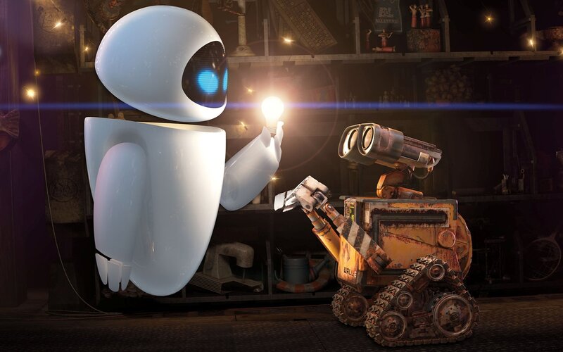 Eve and Wall-E in a junkyard