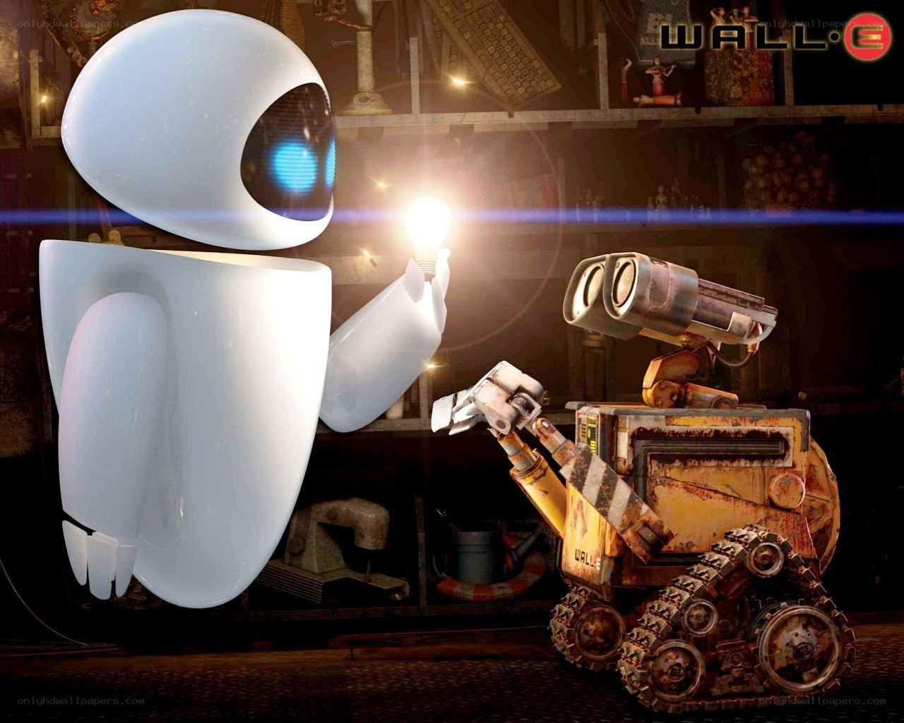 Eve and Wall-E in a junkyard
