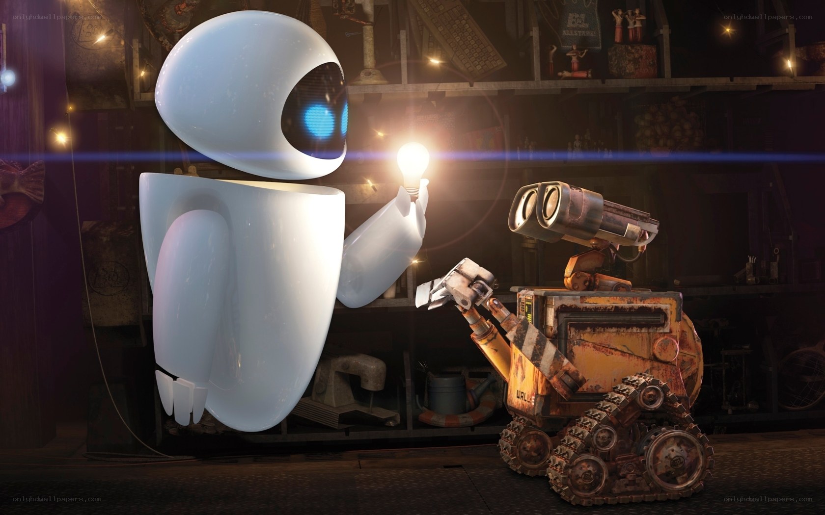 Eve and Wall-E in a junkyard