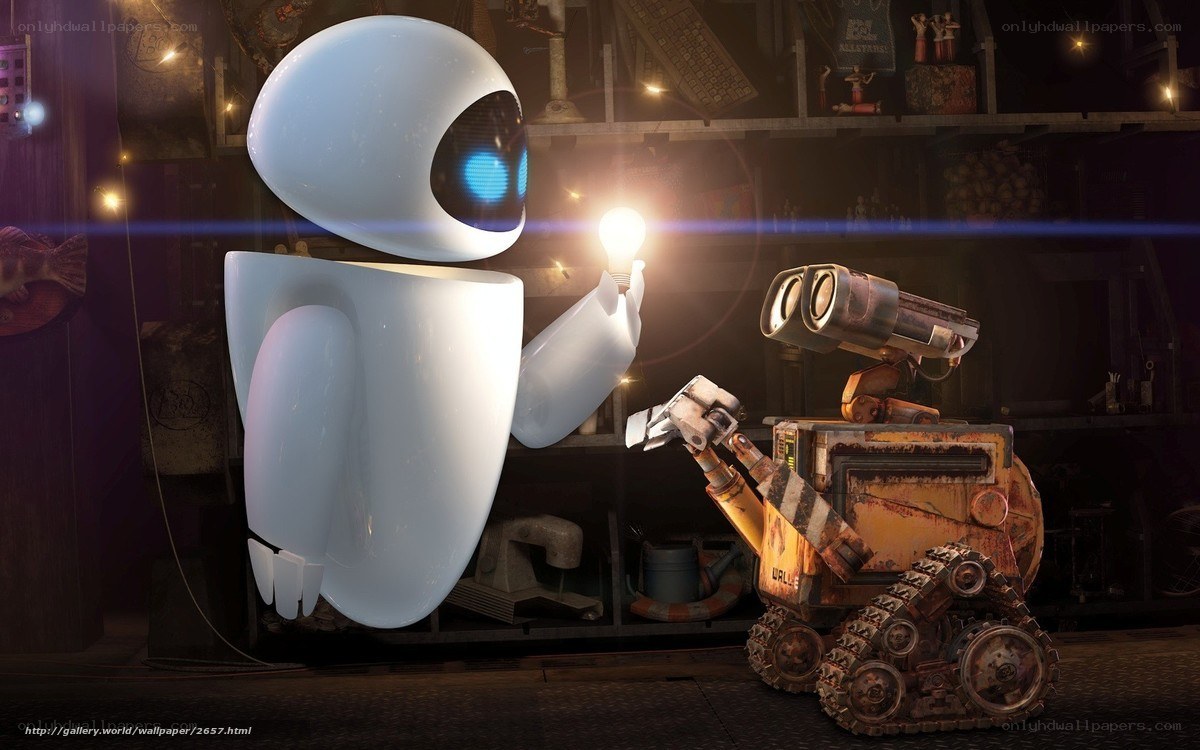 Eve and Wall-E in a workshop