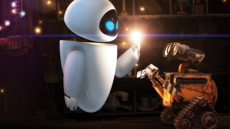 Eve and Wall-E sharing a light bulb