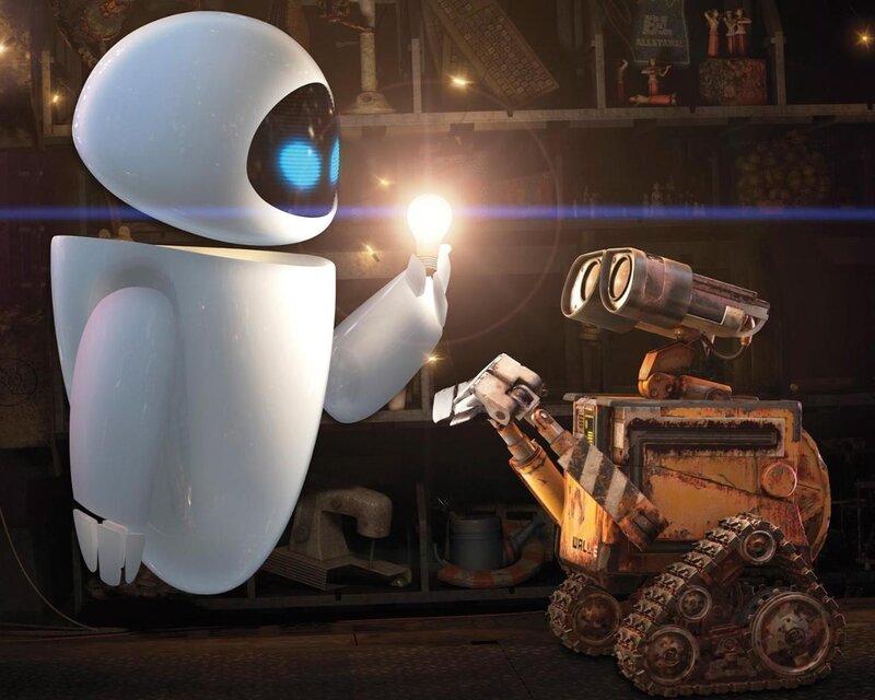 Eve and Wall-E sharing a light bulb