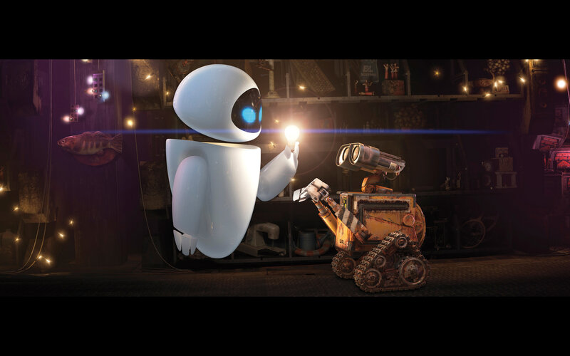 Eve and Wall-E sharing a light bulb