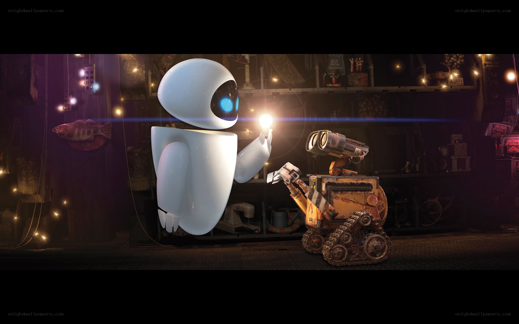 Eve and Wall-E sharing a light bulb