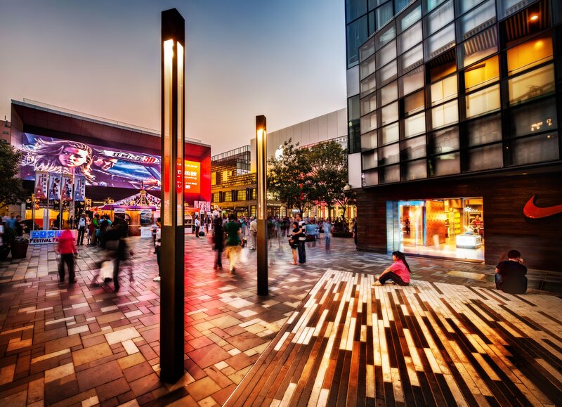 Evening at a modern shopping plaza