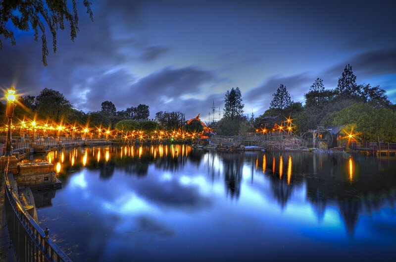 Evening at a themed park lake