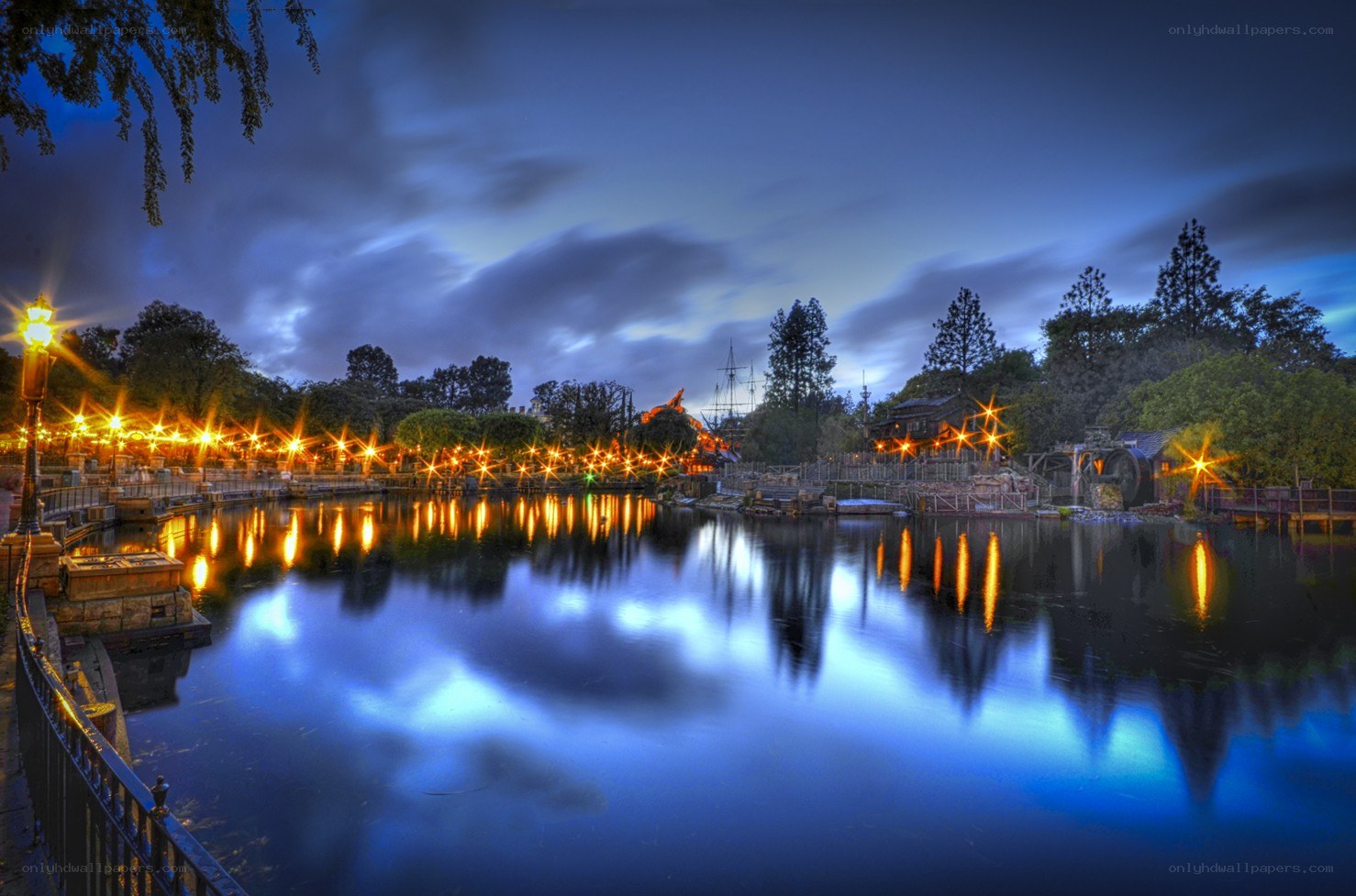 Evening at a themed park lake