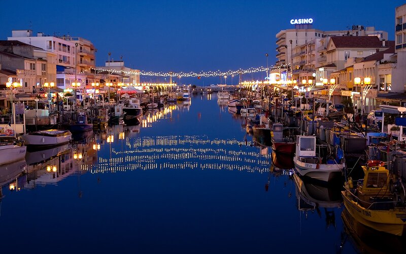 Evening at the harbor with casino
