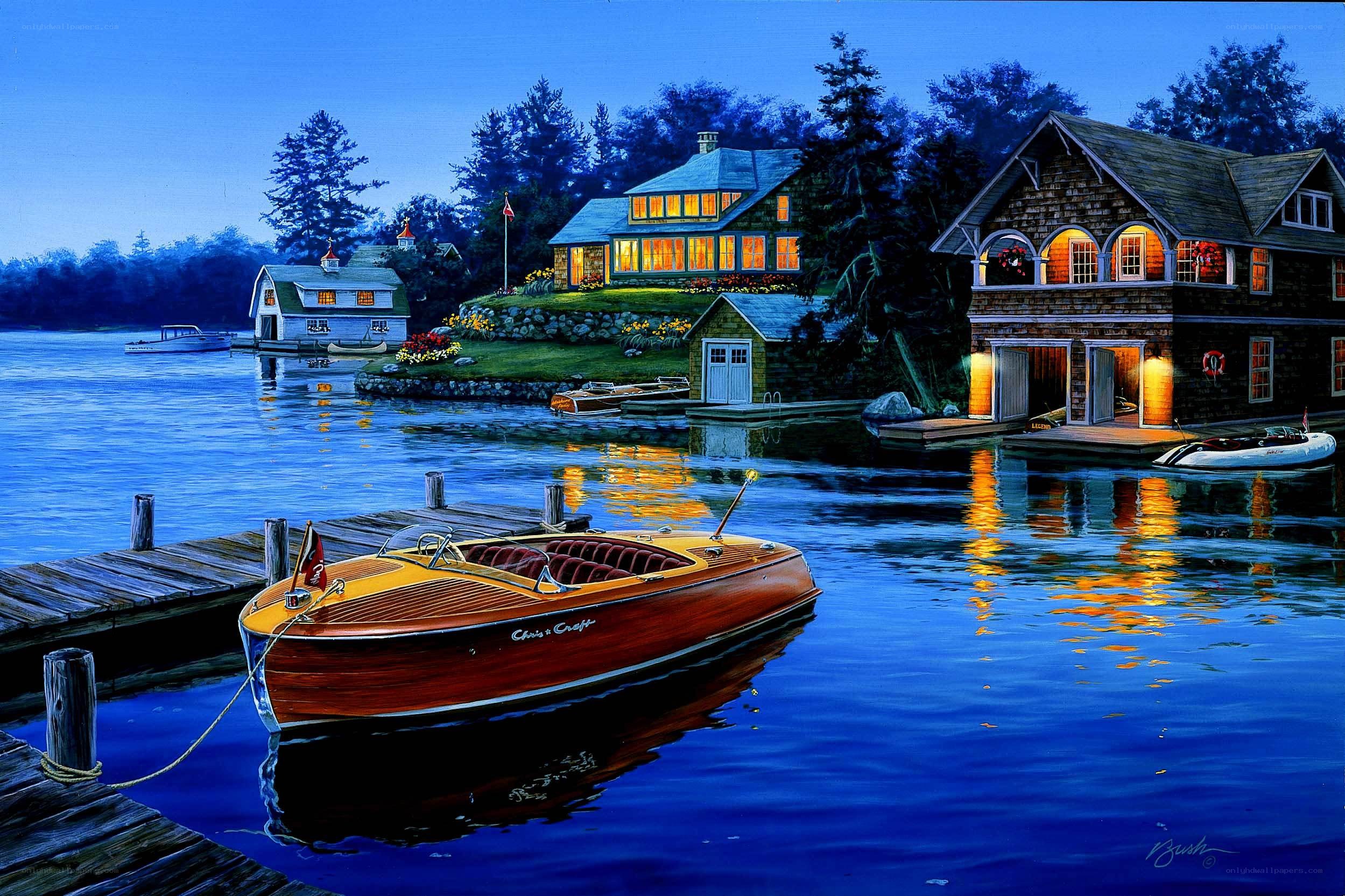 Evening at the lakeside cottages