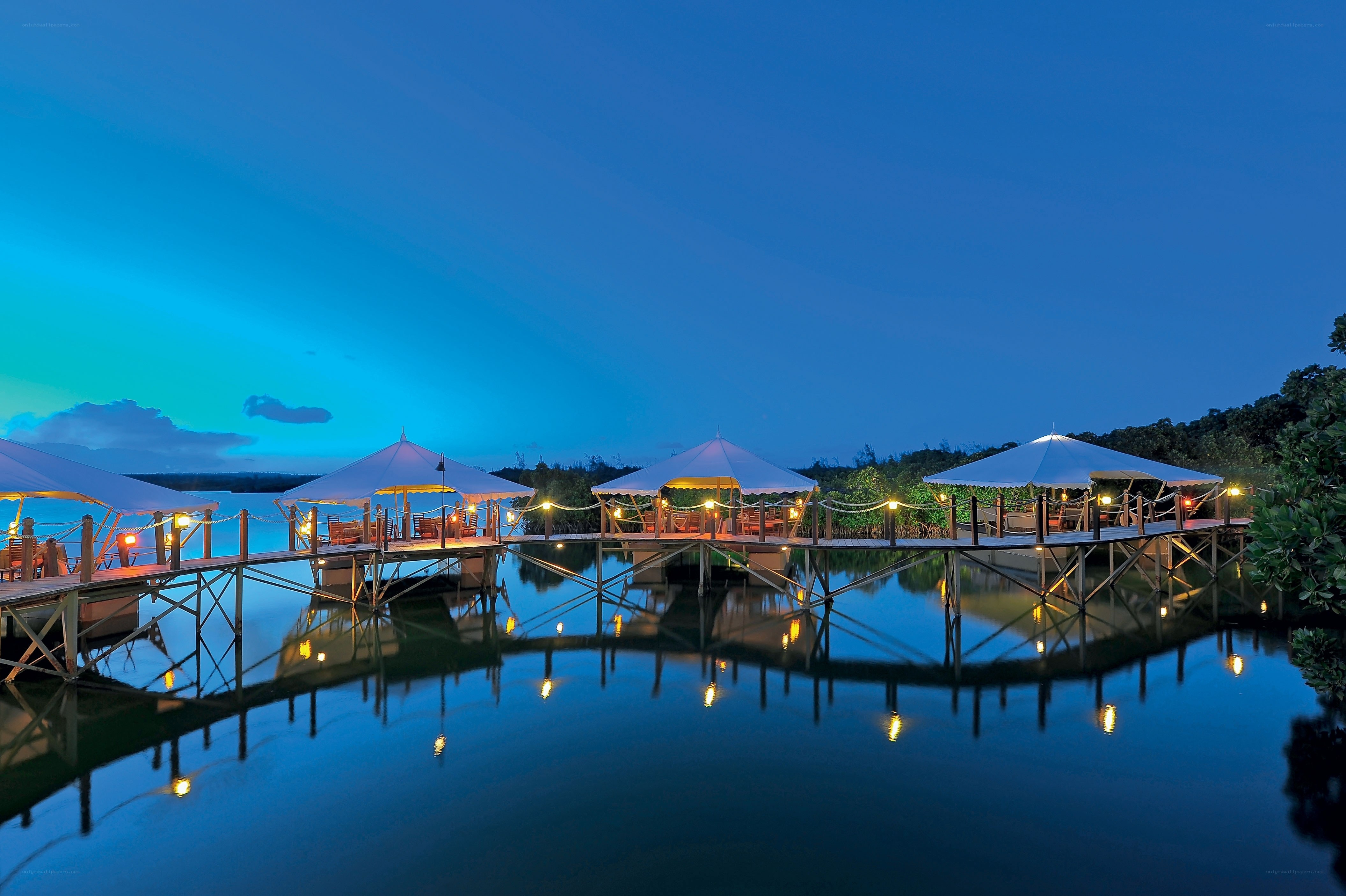 Evening at the lakeside pavilions