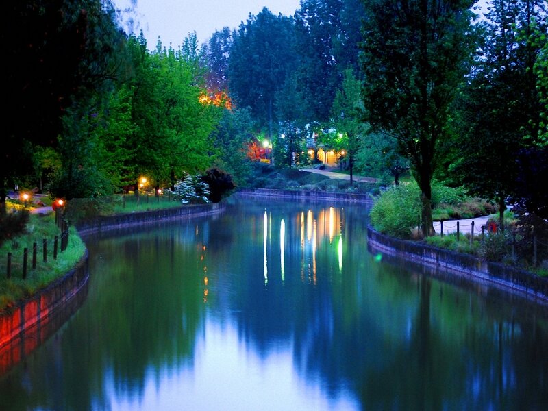 Evening canal scene with lights