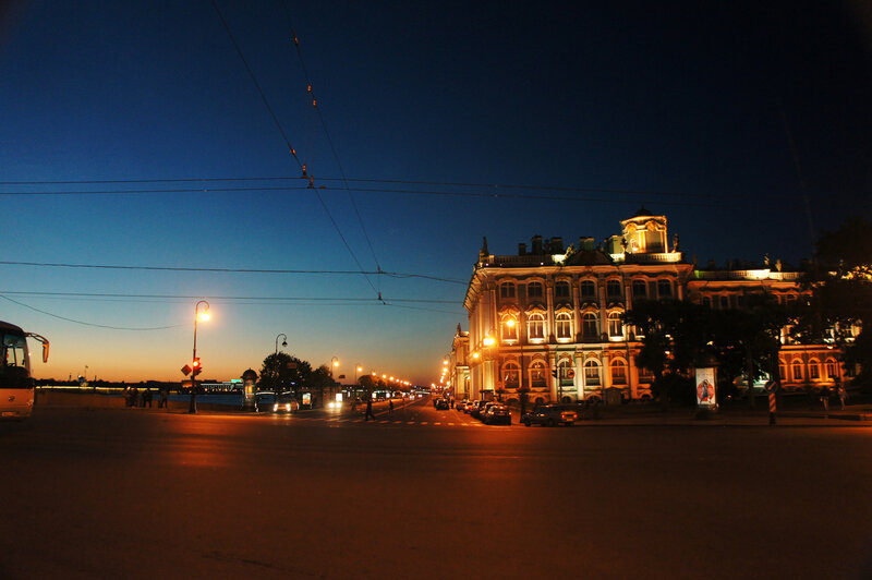 evening city street with historic building