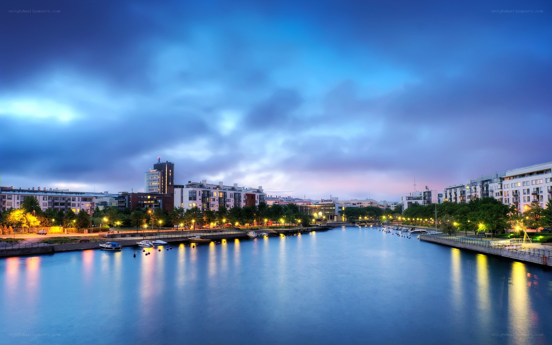 Evening cityscape by the river