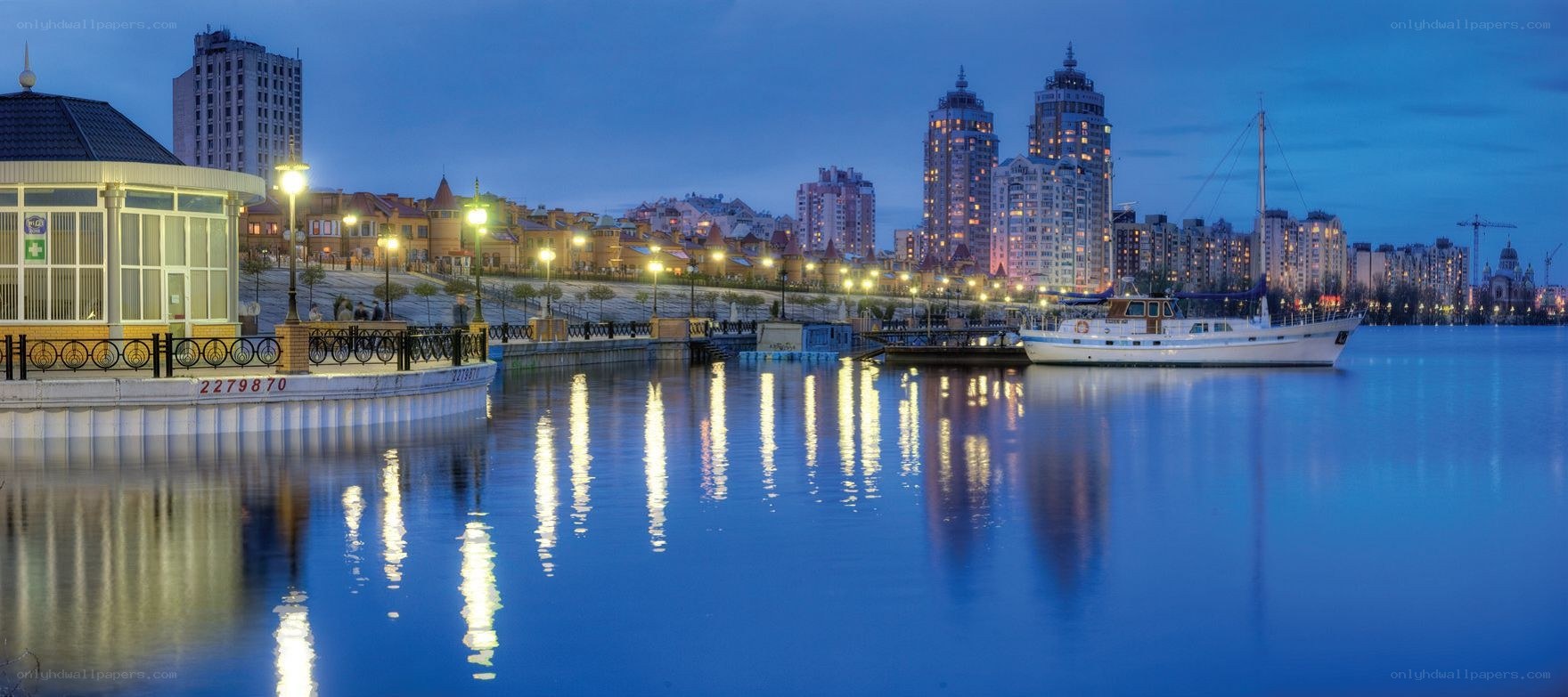 Evening cityscape by the water