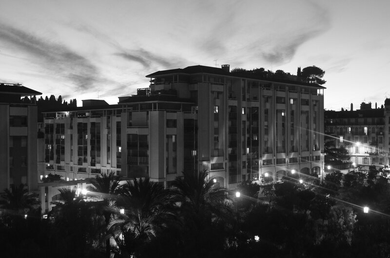 Evening cityscape with apartment buildings