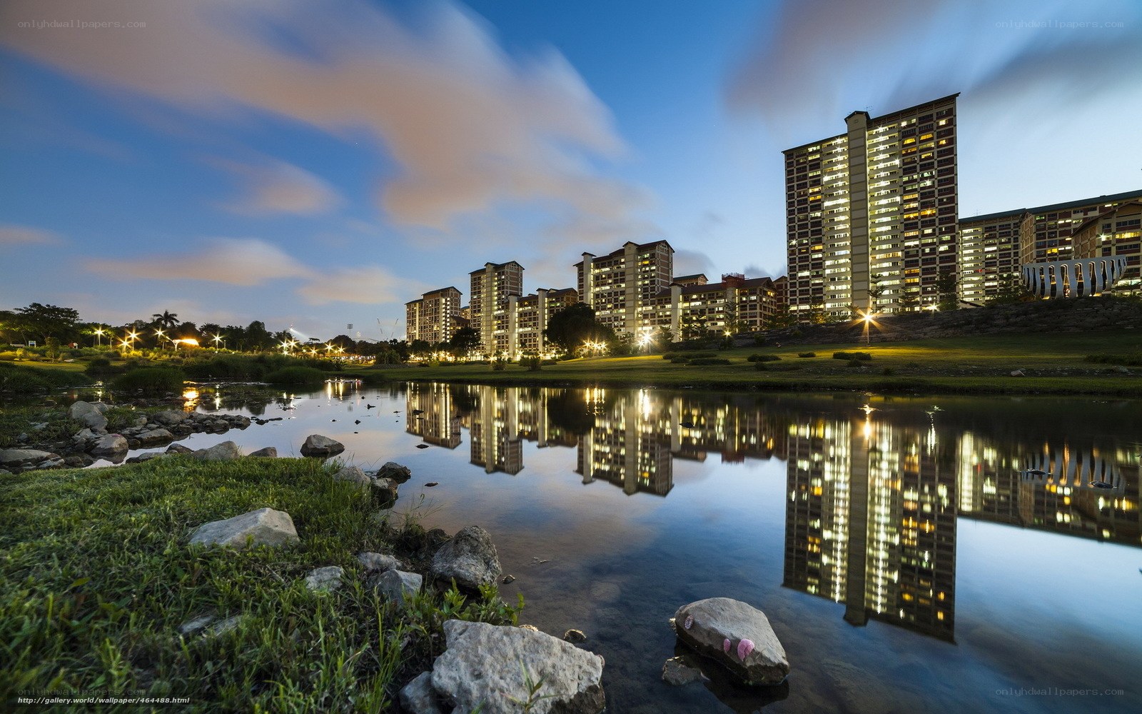 Evening cityscape with reflections