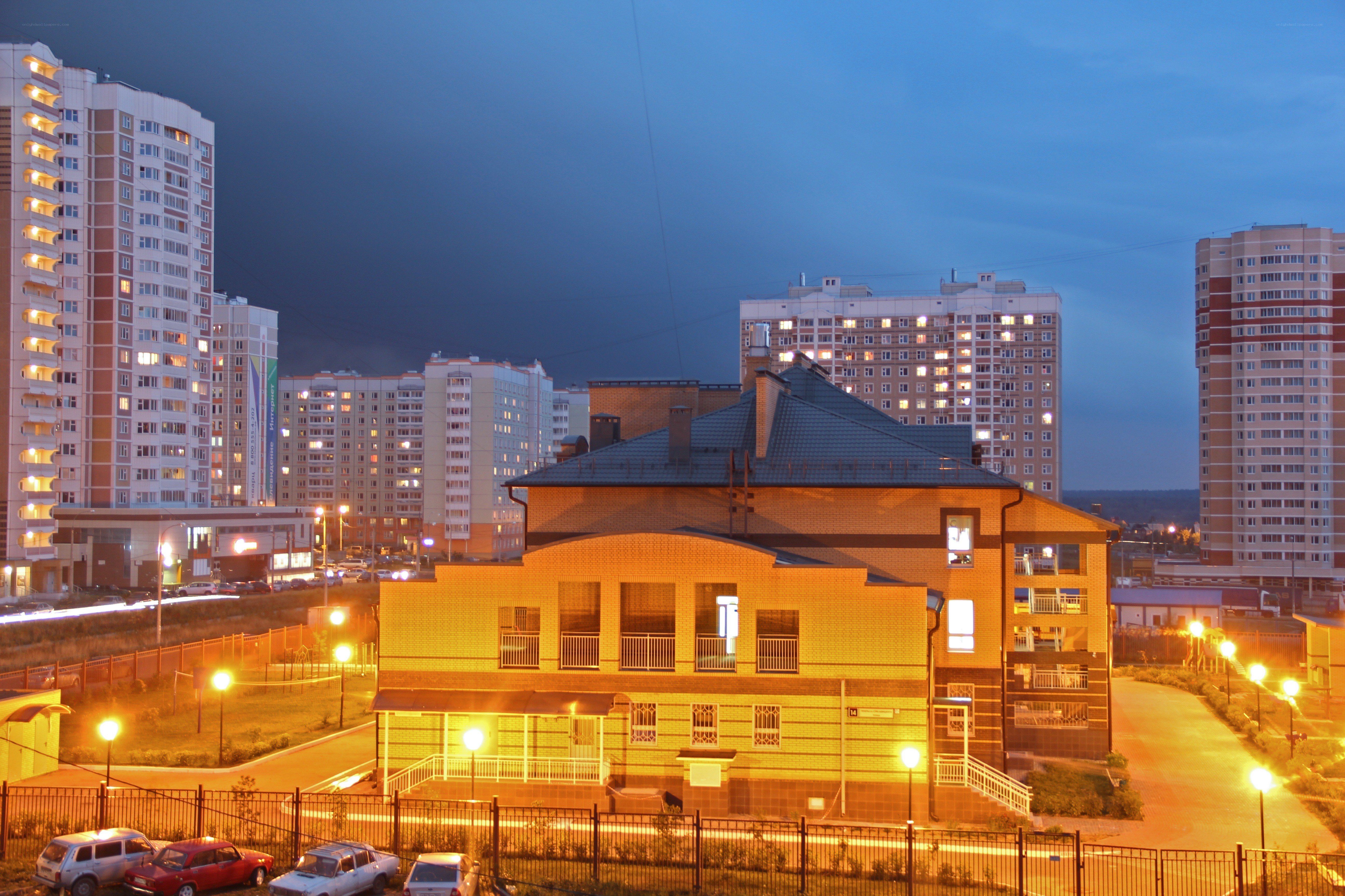 Evening cityscape with residential buildings