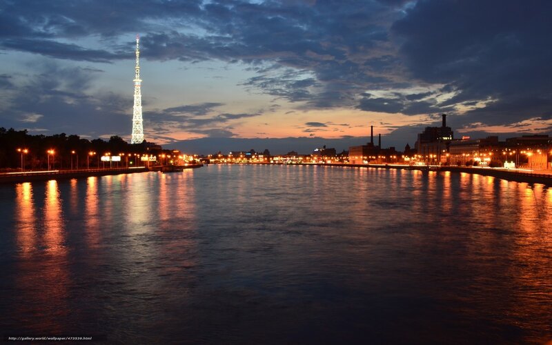 Evening cityscape with tower