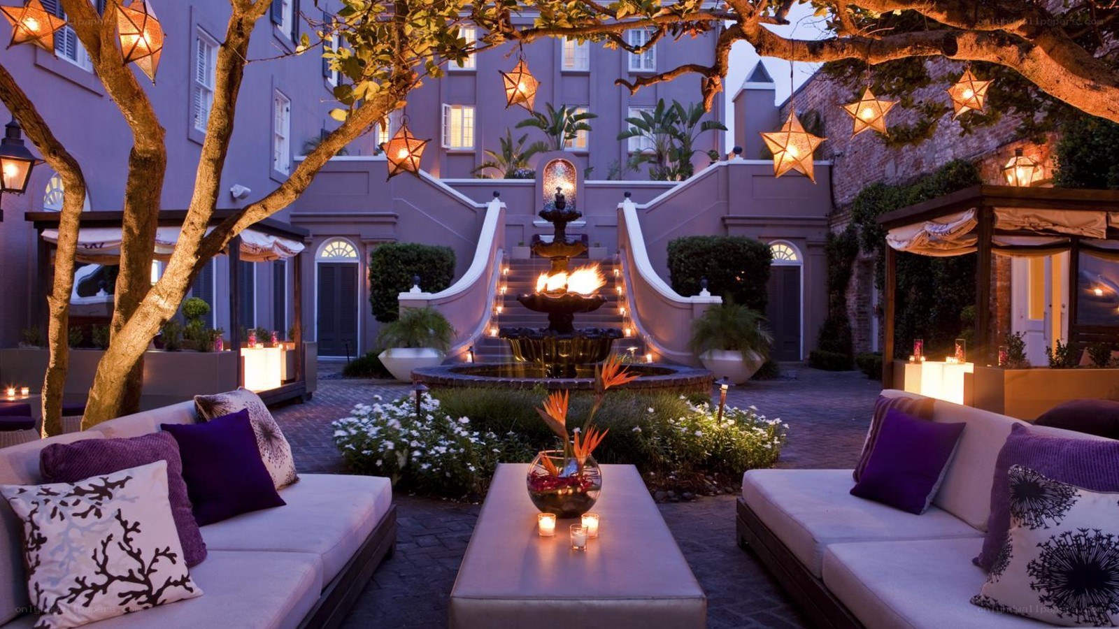 Evening courtyard with fire fountain