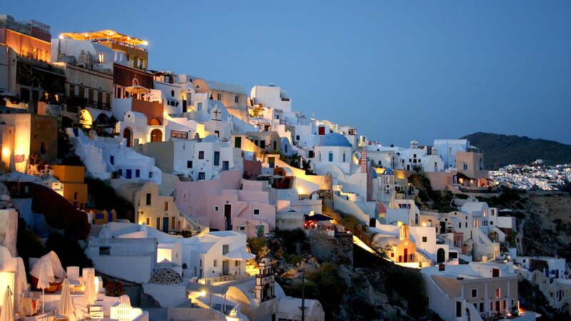 Evening lights in Santorini village