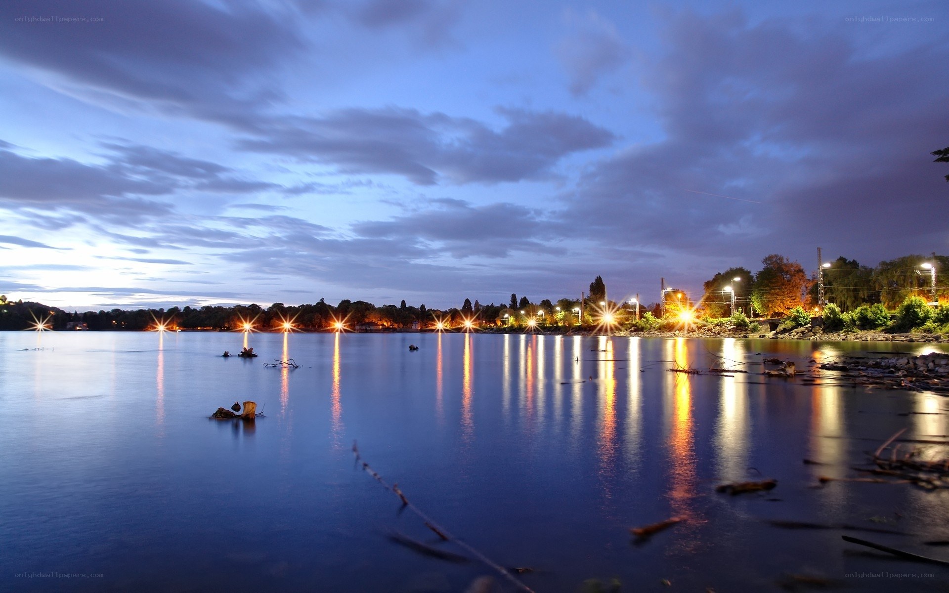 Evening lights on a calm lake