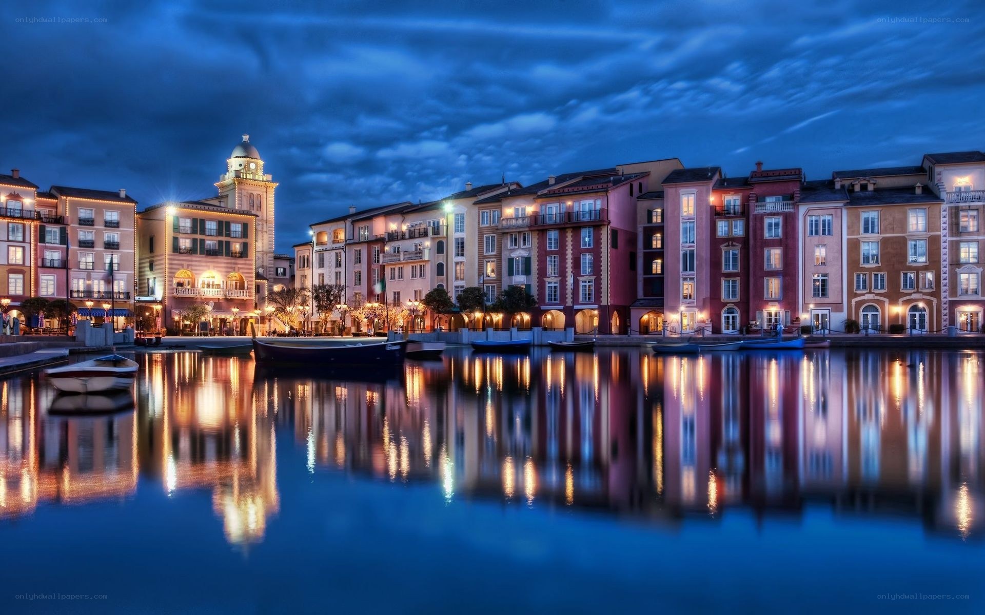 Evening lights on a canal town