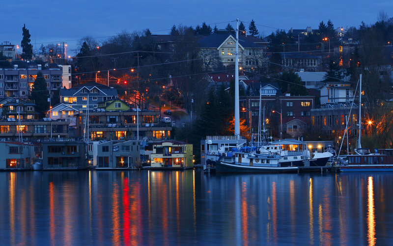 Evening lights on a waterfront neighborhood