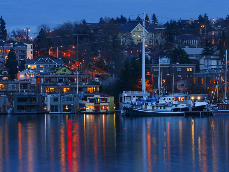 Evening lights on a waterfront neighborhood