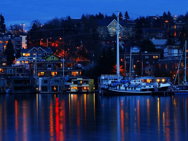 Evening lights on a waterfront neighborhood