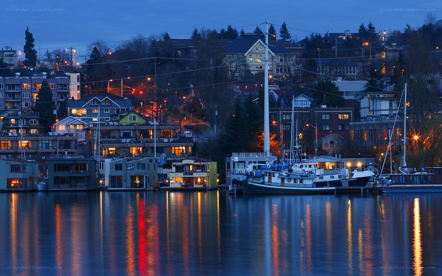 Evening lights on a waterfront town