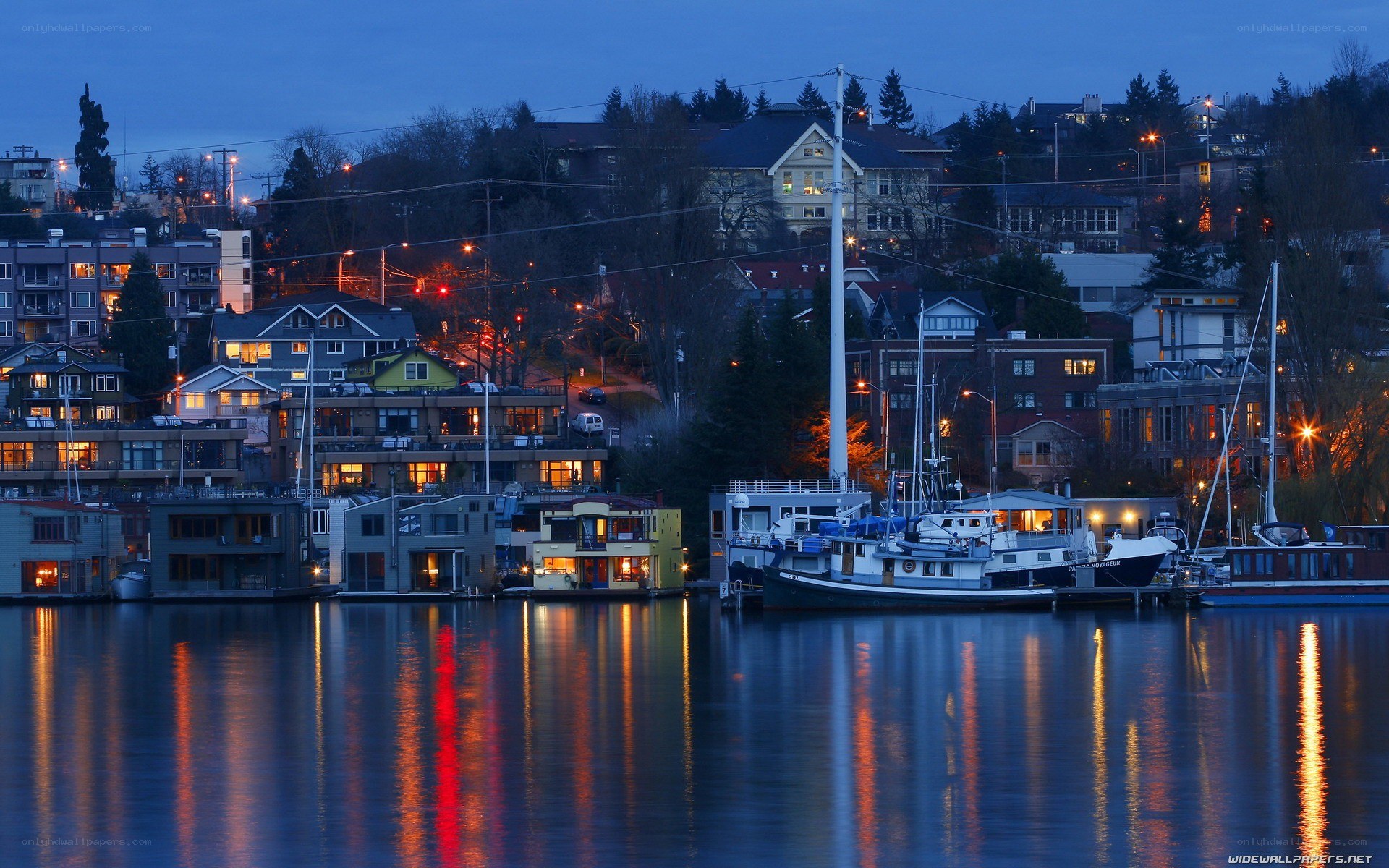 Evening lights on a waterfront town