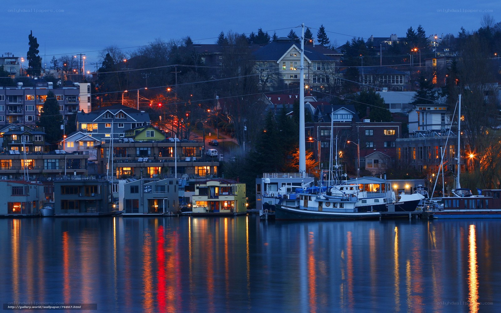 Evening lights on a waterfront town