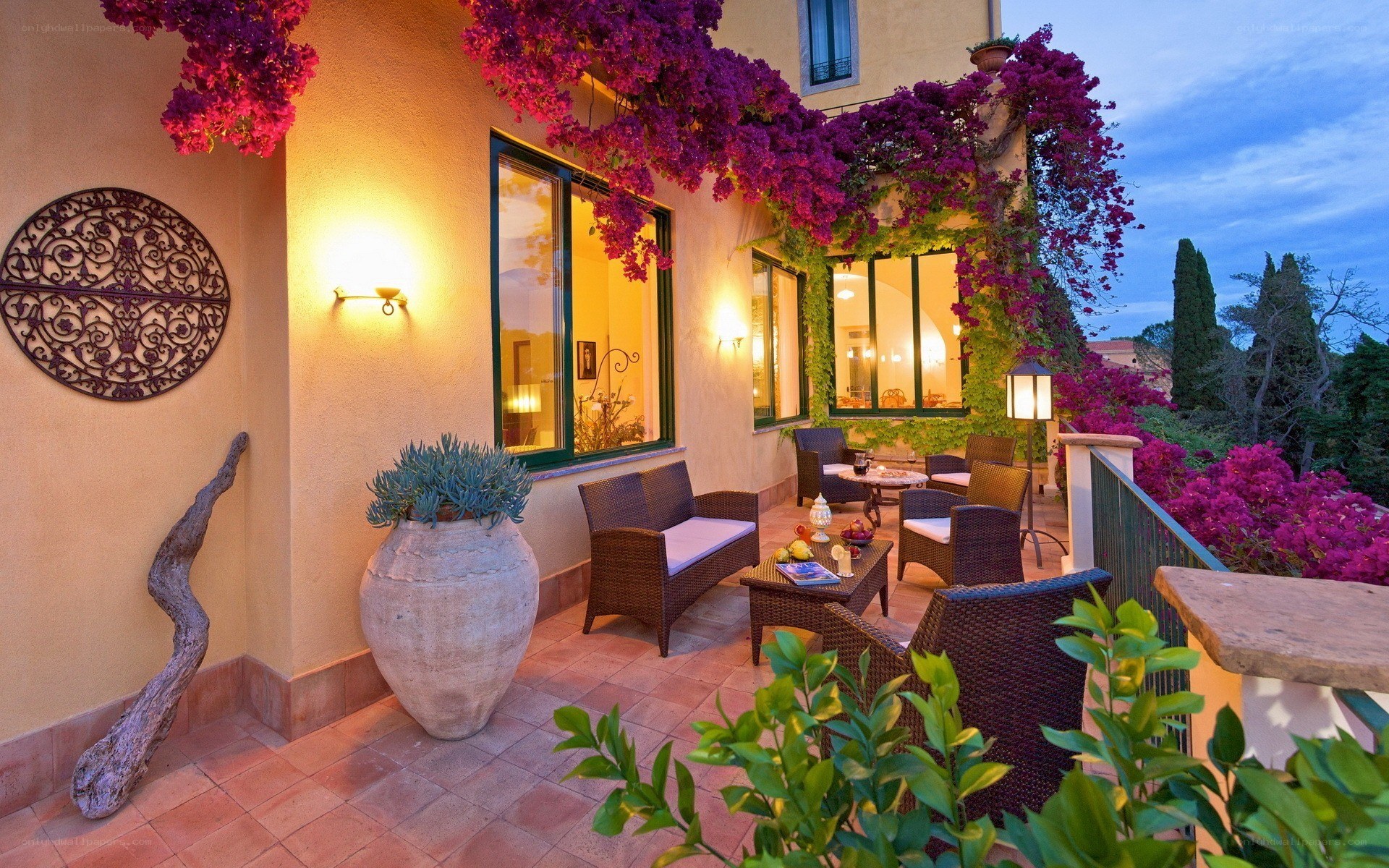 Evening patio with bougainvillea