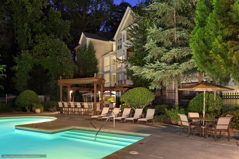 Evening pool area at apartment complex