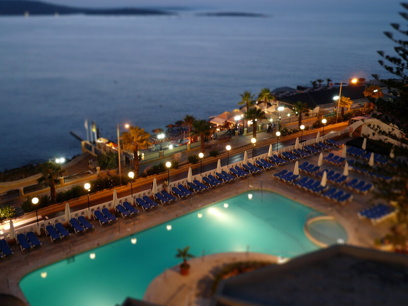 Evening pool view at seaside resort