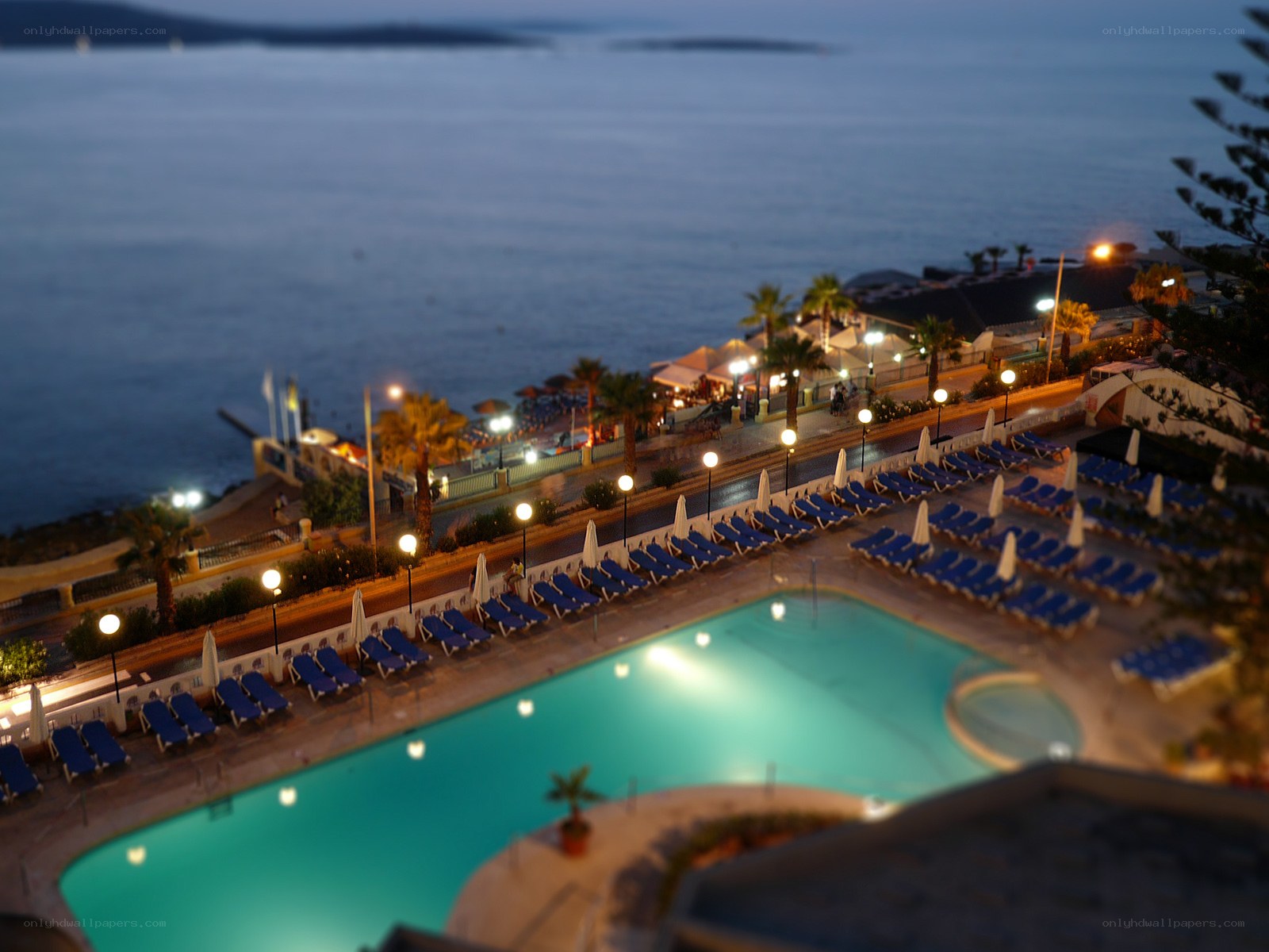 Evening pool view at seaside resort